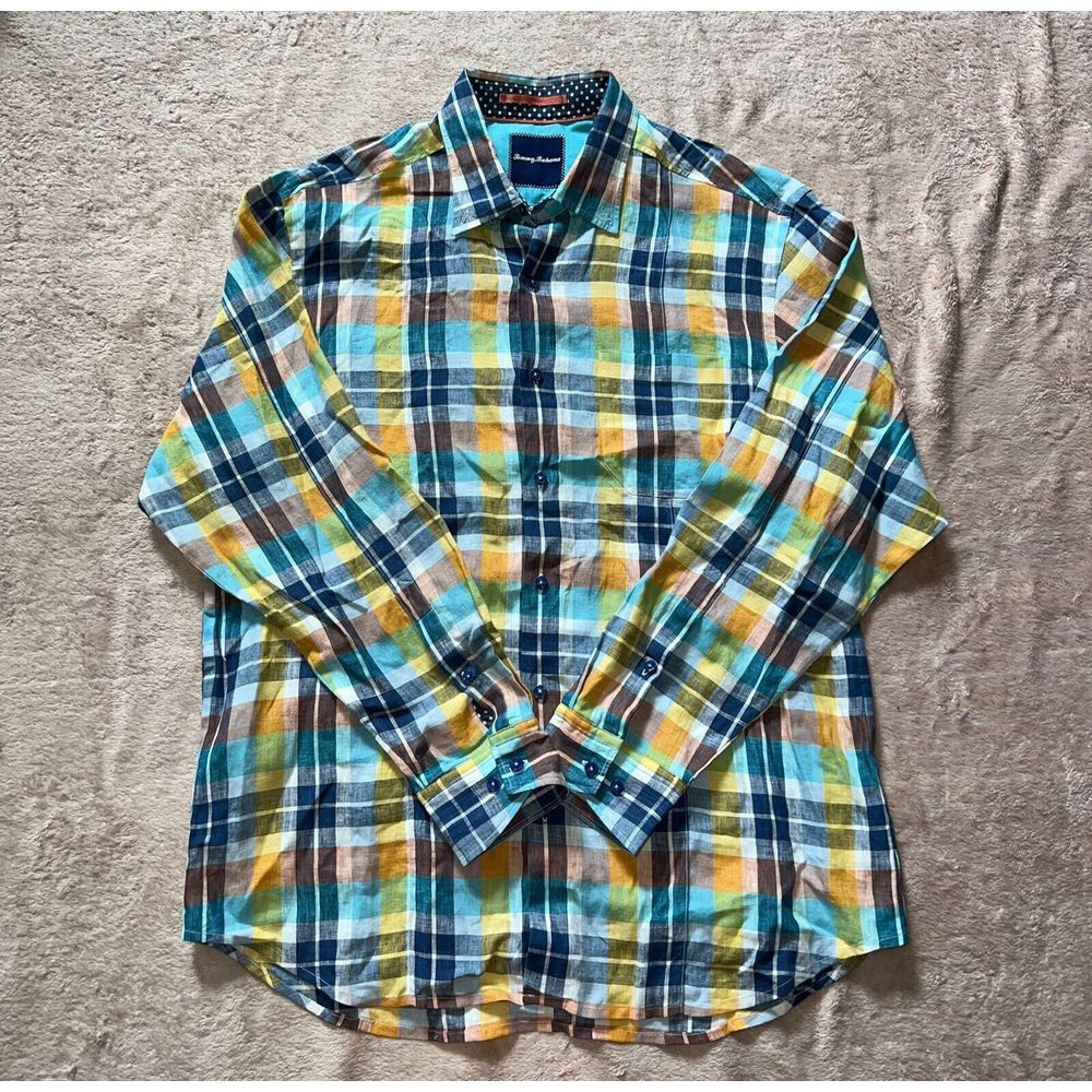 Tommy Bahama Shirt Men's Long Sleeve Button Up Shirt 100% Linen Colorful‎ Sz M